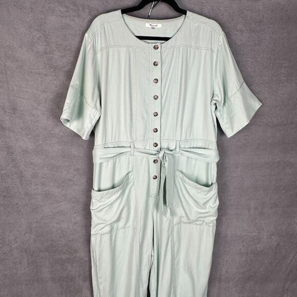 Madewell Jumpsuit Womens 14 Mint Green Top Stitched Coveralls Belted Cropped - Picture 3 of 16